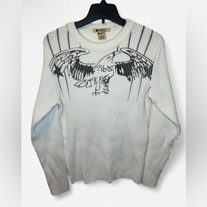 De Baggio Women's Size XL Cotton White Ribbed Knit Sweater with Eagle Graphic